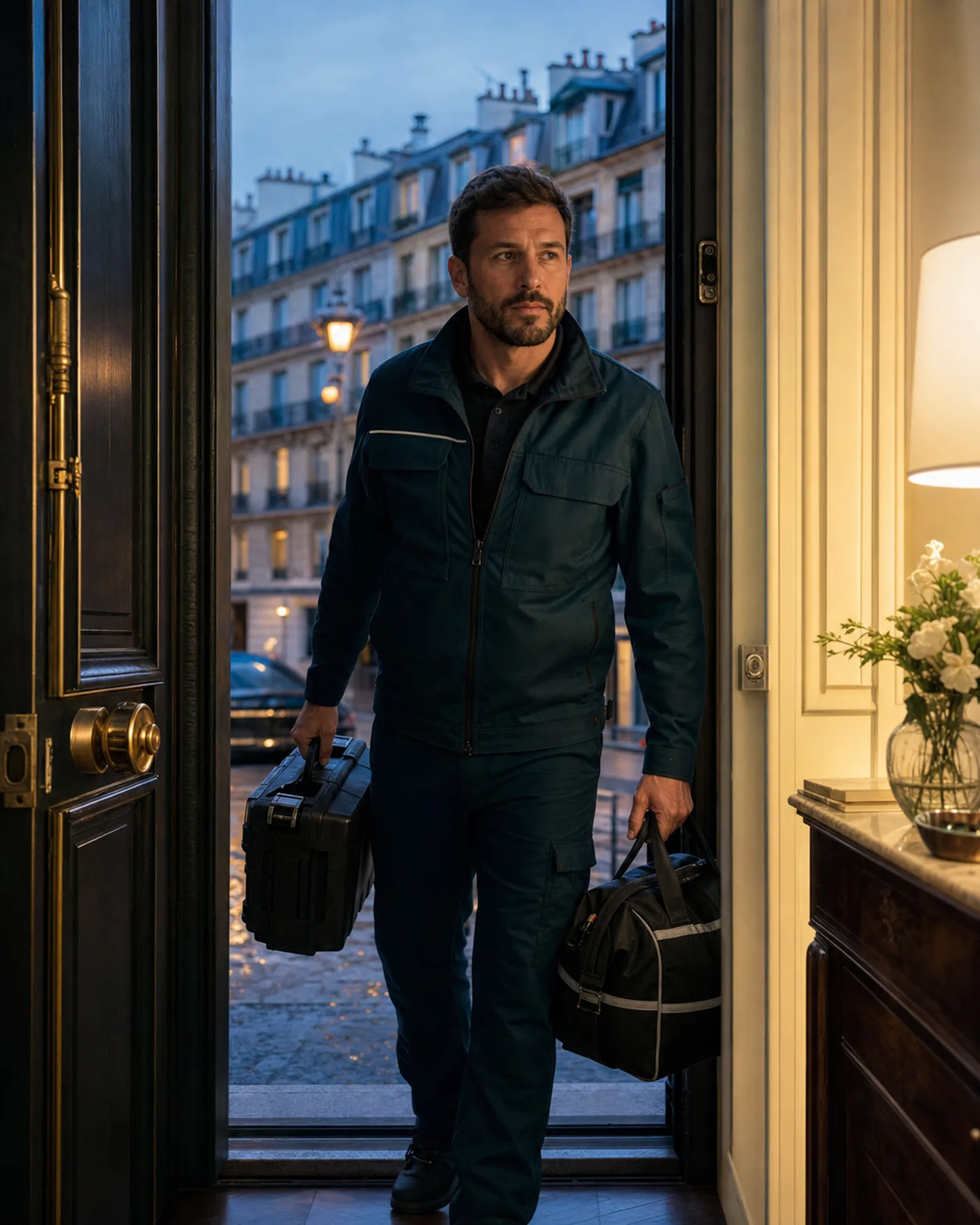 Plombier arrivant pour une urgence nocturne à Paris