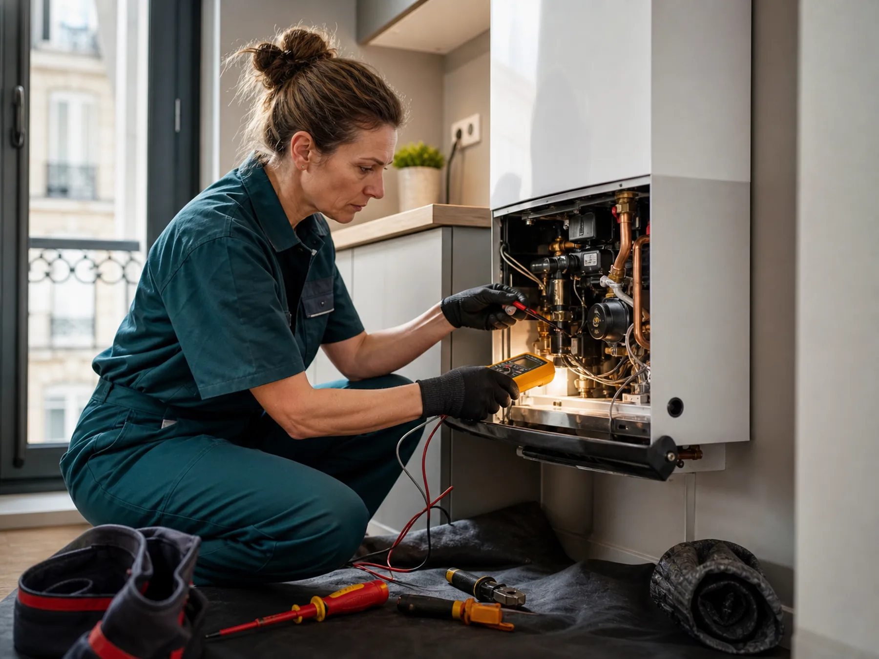 Technicienne contrôlant un chauffe-eau moderne