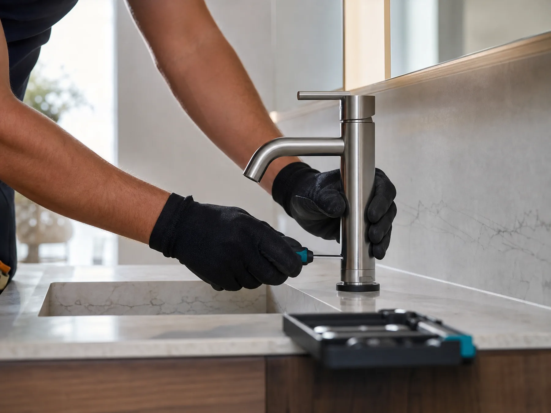 Installation précise d'un robinet en acier brossé